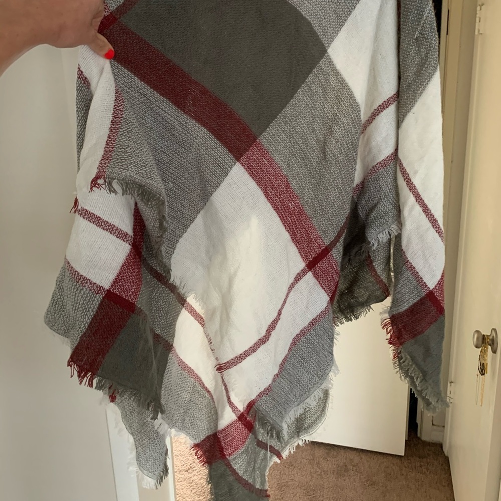 Grey, white and burgundy, square, fringe scarf